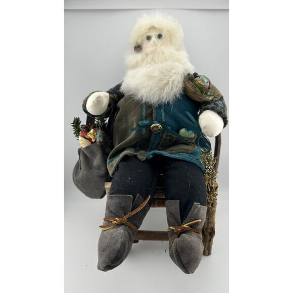 Rustic Santa Figurine on Wooden Chair with Gifts and Tree Decor - Picture 1 of 10